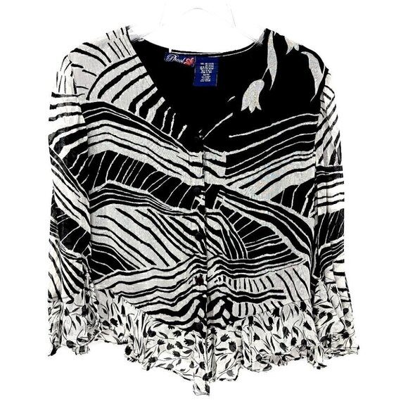 Phool Women's M B&W Floral V Neck Long Flare Sleeve Ruffled Contour Blouse - Picture 1 of 13